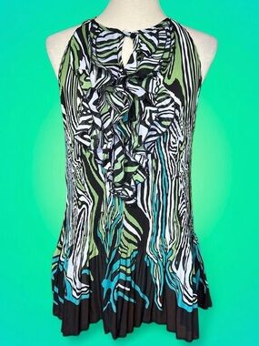 Ruffled Halter Neck Abstract Print Blouse in Green & Teal